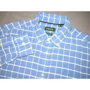 ORVIS Performance Linen Long Sleeved Blue Check Button Up Shirt Men's Medium
